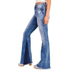 Altar'd State Dual Blue Flare Frayed Hem Jeans with Distressed Details, Size 30